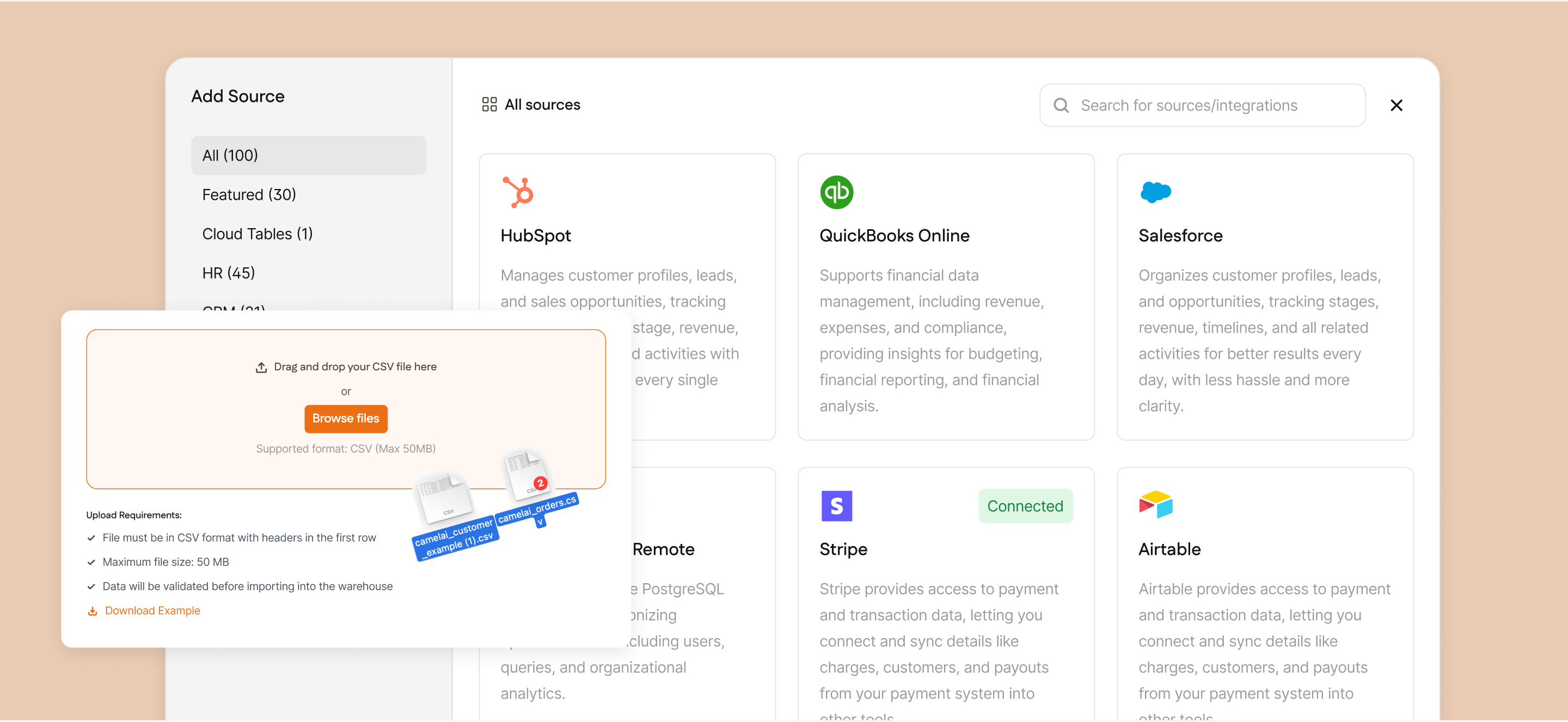 Add Source — browse and connect from 100+ integrations, including CSV upload.
