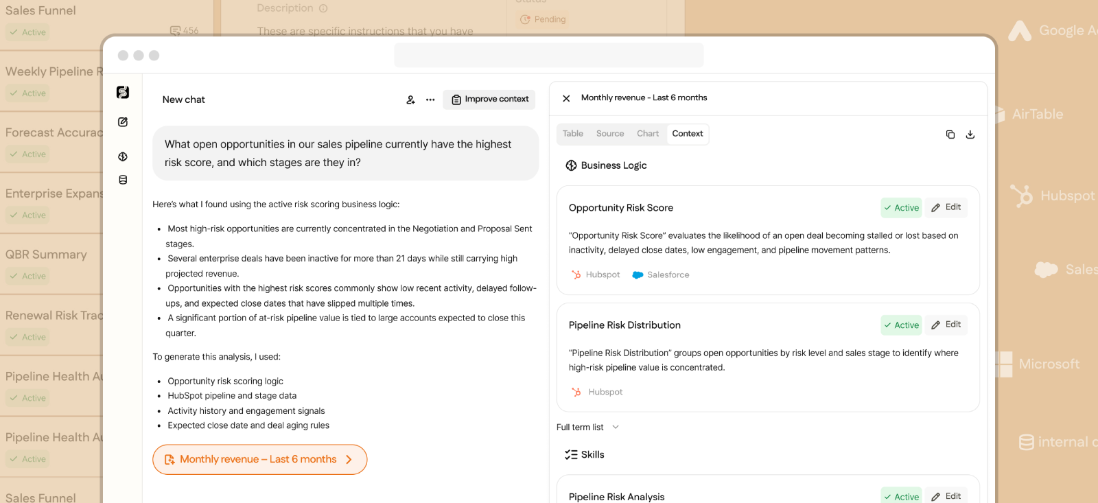 A Supper answer showing the plain-language summary alongside a Context panel listing the business logic and skills it used