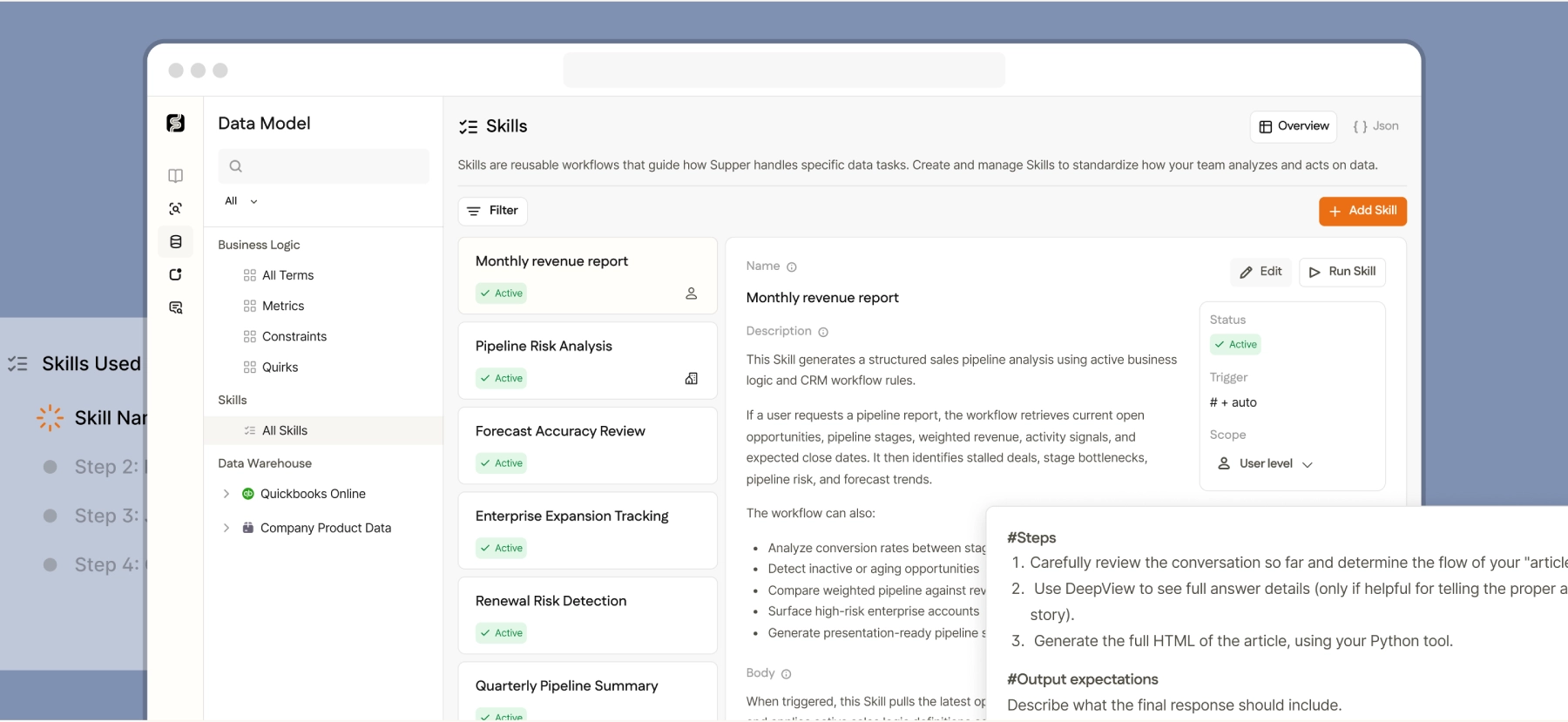 Supper's Data Model view, showing business logic terms, metrics, and reusable Skills in the product