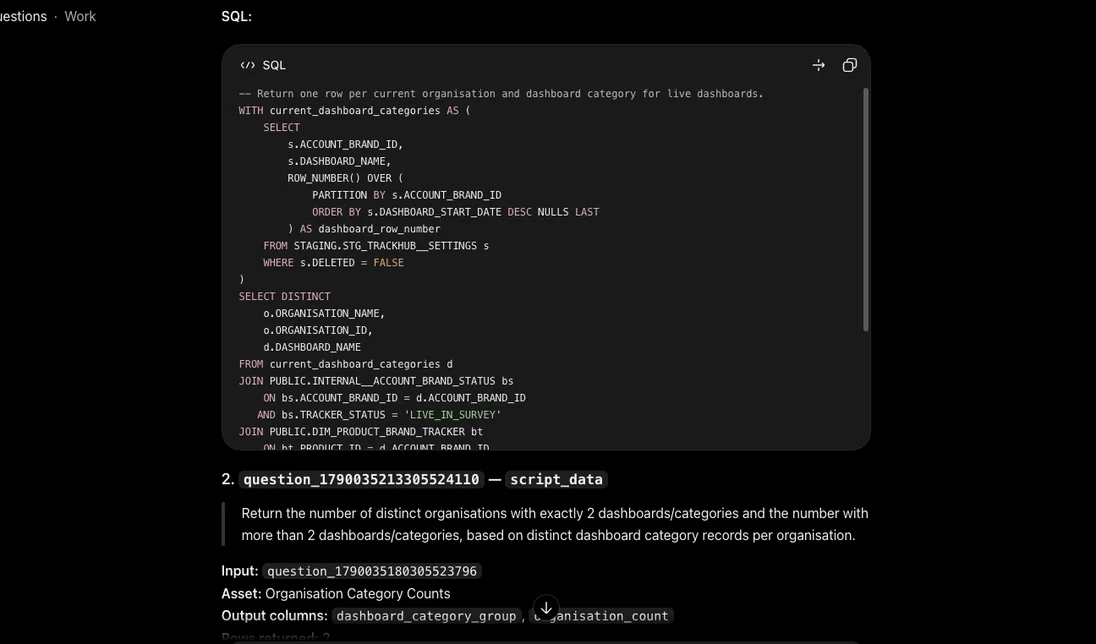 Investigate Answer panel showing the SQL behind an answer